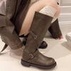 Vintage Belt Buckle Women Knee High Boots Concise Thick Heel Slip On Shoes Autumn Winter Ladies Knight Long Booties