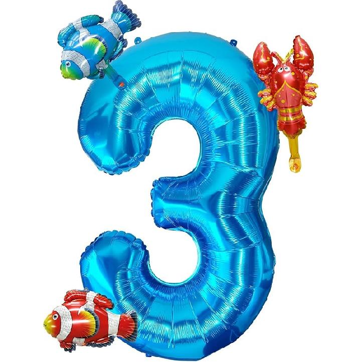 40 Inch Under the Sea Blue Number 1 Balloon, Mini Sea Animal Balloons Ocean Animal Foil Balloon, Fish Crawfish Balloons for Boys Girls Ocean Theme