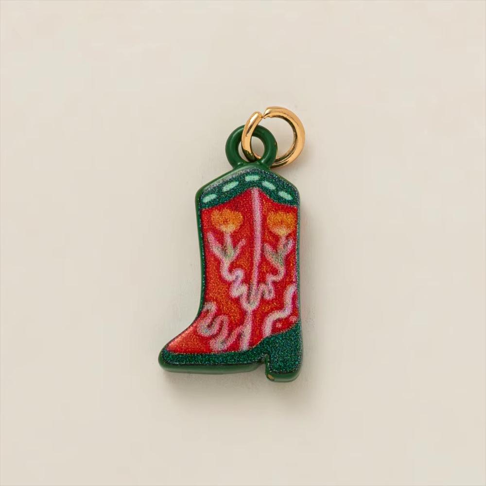 Colorful Enamel Retro Pendant with Cowboy Boots, Horseshoe, and Cross Charms in 18K Gold Copper
