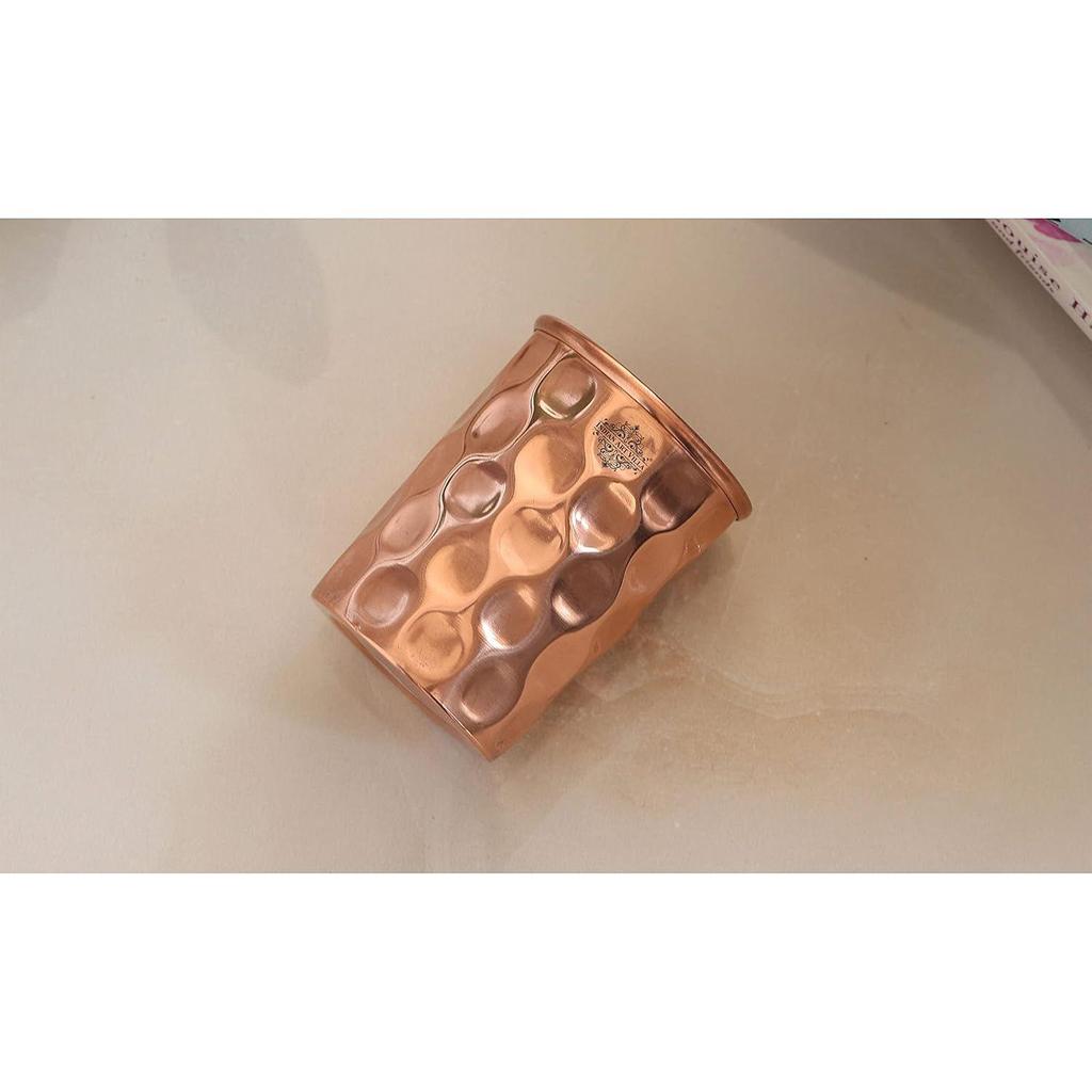 Pure Copper Plain Glass with Diamond Hammered Design, Drinking Serving Water, Yoga Ayurveda, Volume-300 Ml, Pack of 6