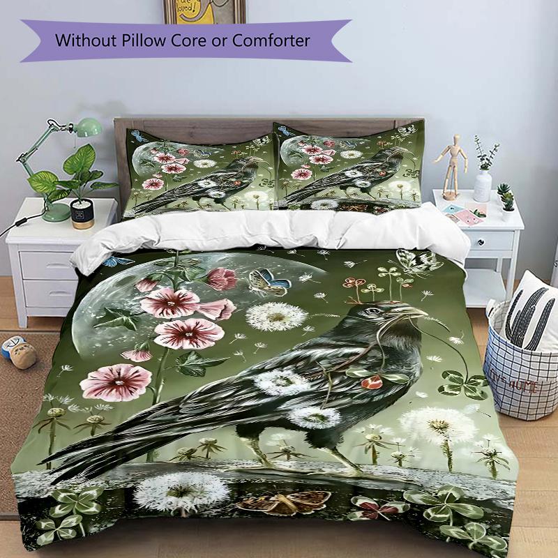 

3pcs Anime Raven with Flowers and Butterflies Comforter Set - Includes One Quilt Cover and Two Pillowcases (No Core) - Home Decor, Festival Gift, Poly 135x200cm