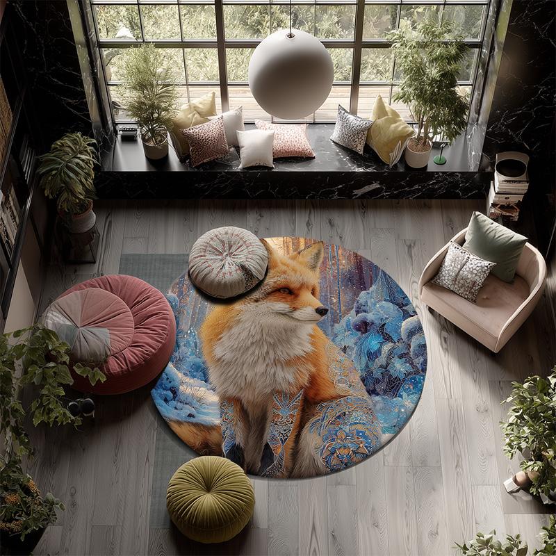 Ice Fox,Round Area Rug,Carpet Rug for Living Room Bedroom Sofa Playroom Decor,Non-slip Floor Mat