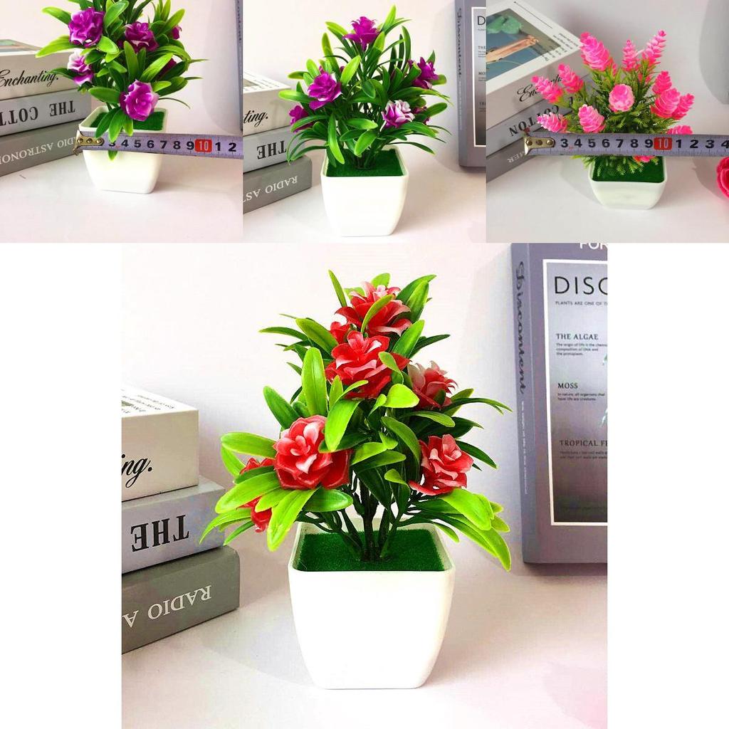 Faux Flower Potted Plant Set With Lilies Roses And Cones For Home And Office Decor