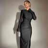 Fashion Style Pure Color Round Neck Right-Angle Shoulder Bell Sleeve Ruched Silm Sheath Women's Dress Temperament Long Sleeve Dress