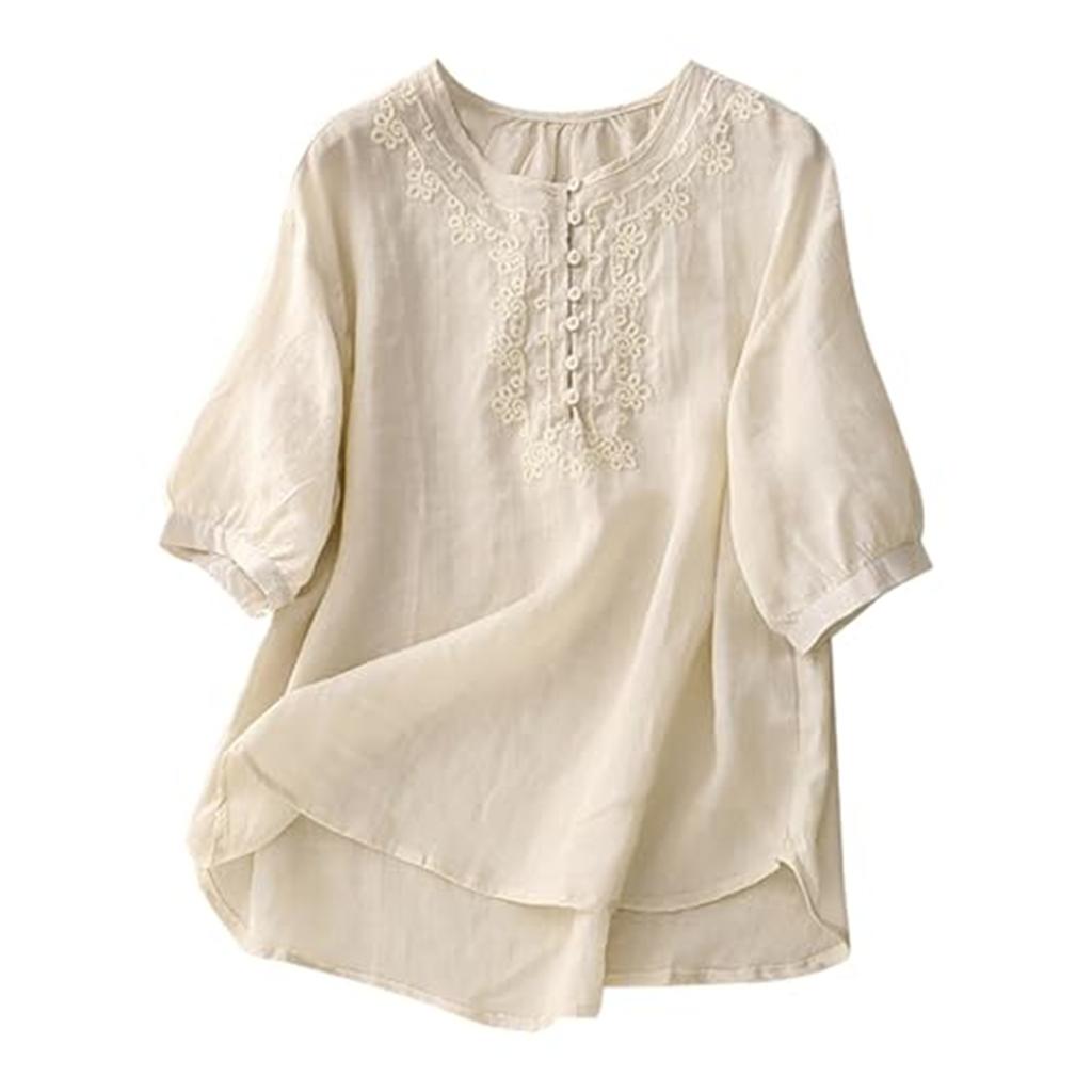 Women's Cotton And Linen Round Neck Embroidered Loose Five-quarter Sleeve Top