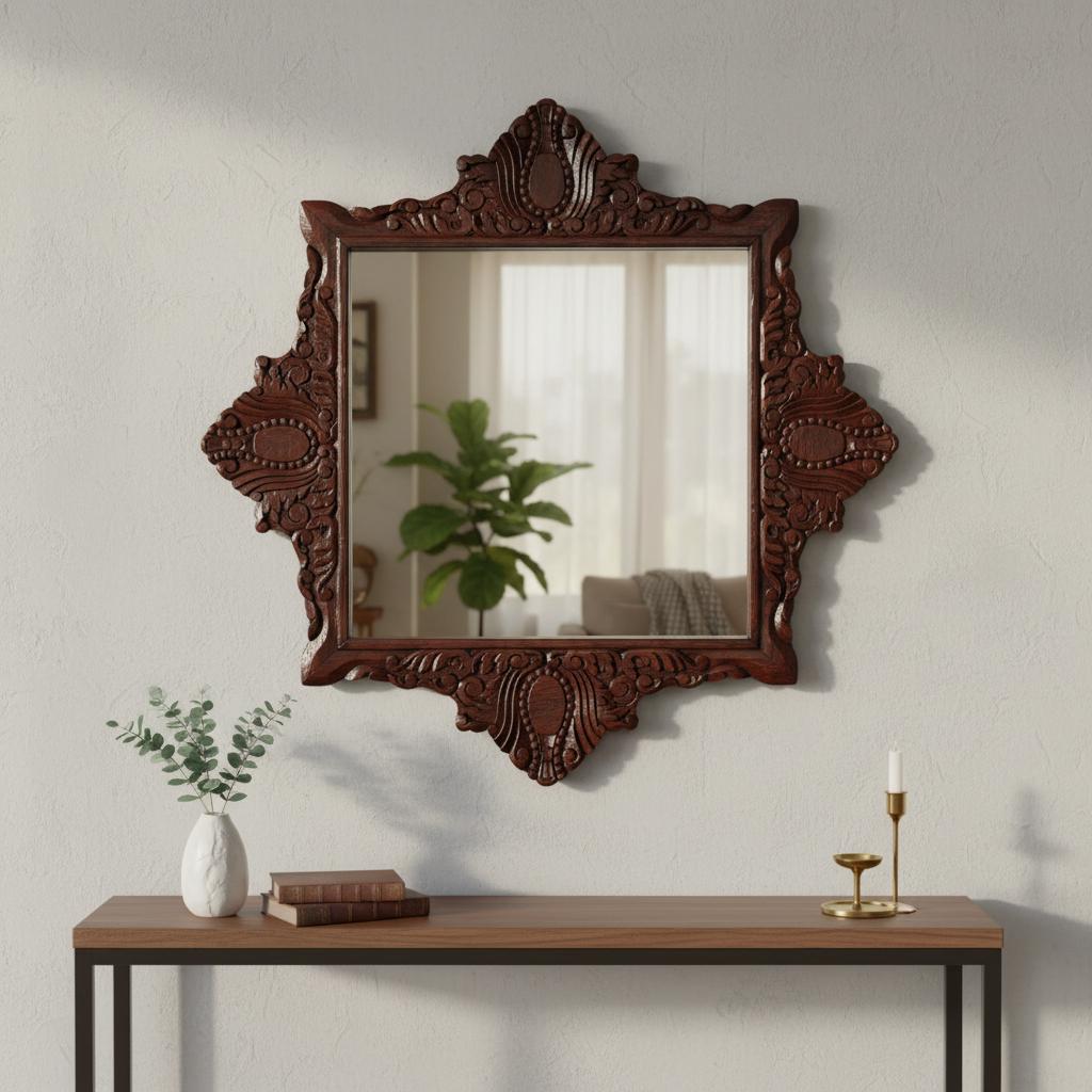 

Wooden Mirror | Wall Decor Fram Mirror | Ornate Mirror With Glass | Decorative Accent Bedroom Mirror | Unique Gift Idea, Handicraft Carved