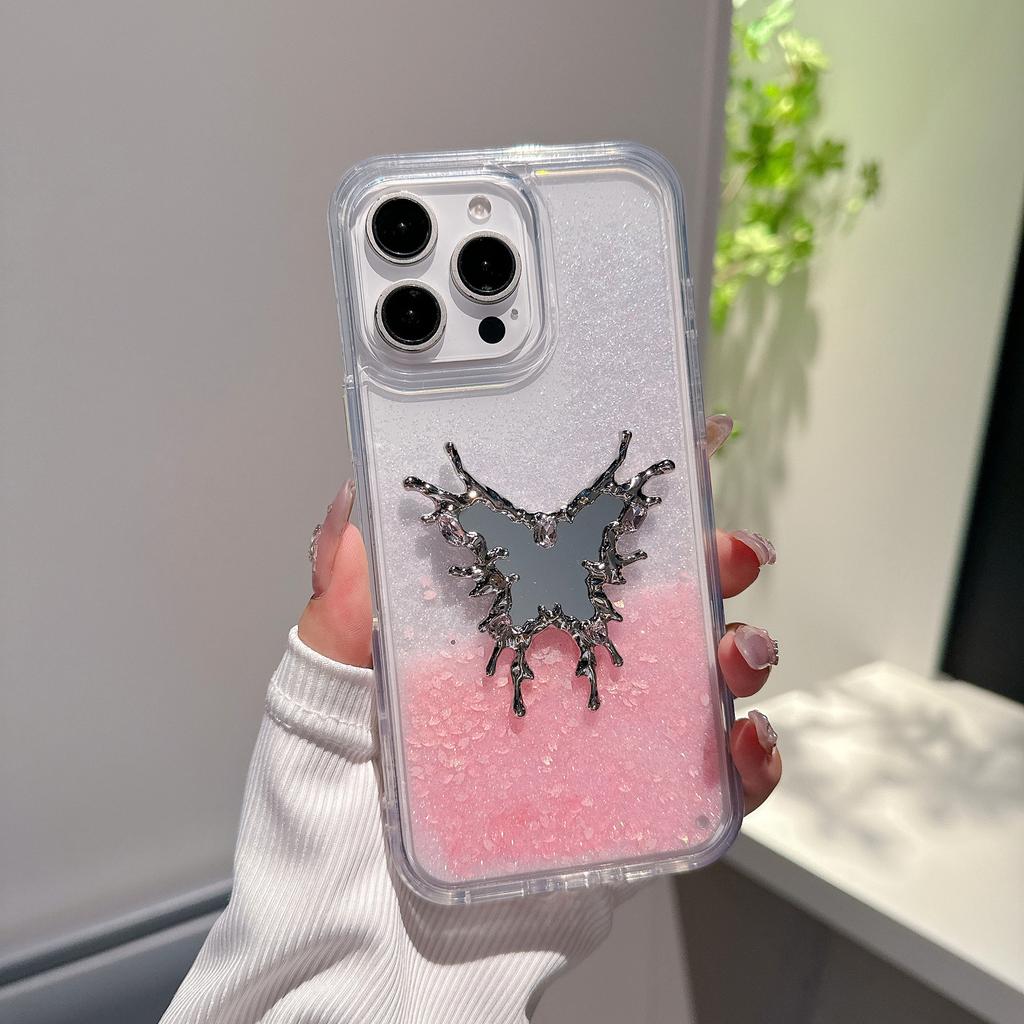 Japan and South Korea love butterfly mirror for Apple 16 mobile phone case iPhone15promax pink quicksand glitter case