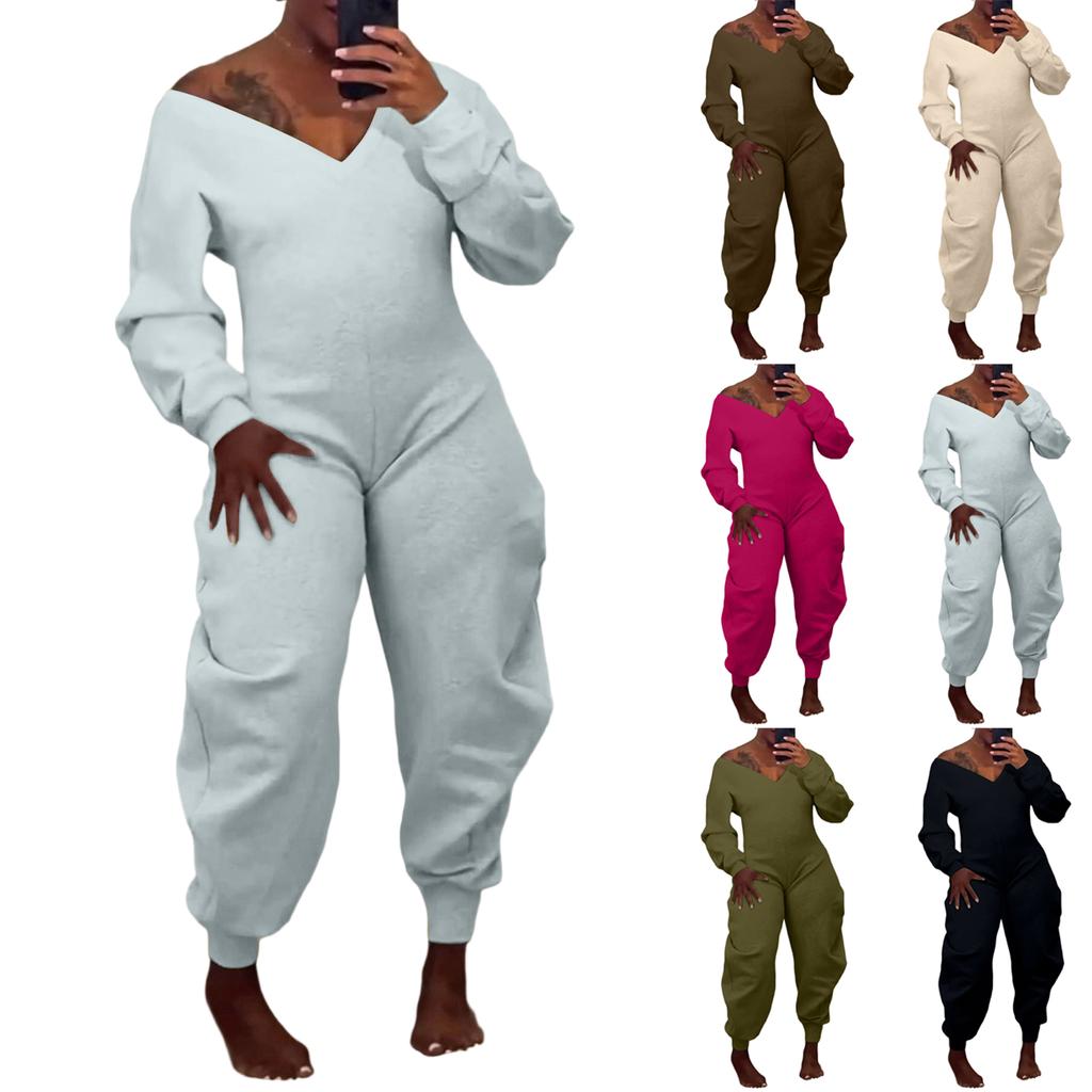Women's Solid Color Jumpsuit Flared Pants Tight V-neck Sexy Long Sleeved Jumpsuit