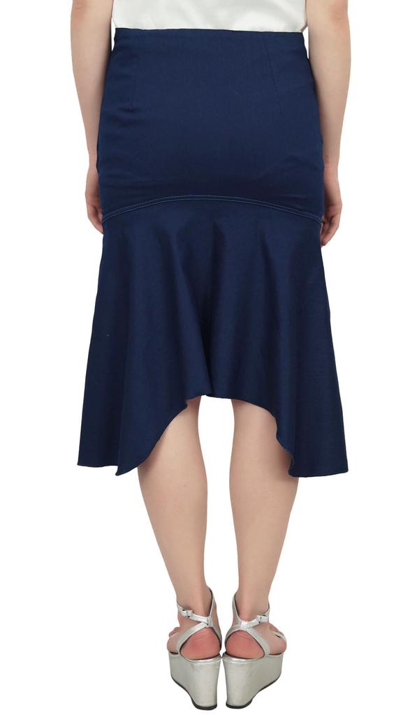 Bimba Women's Navy Blue Asymmetrical Hem Denim Skirt With Side Zip Closure-L