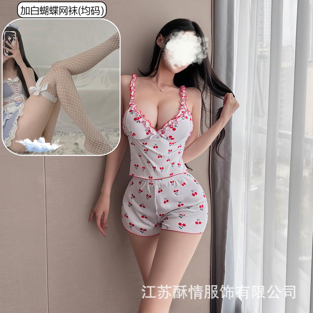 Crispy Cherry Floral Can Be Worn Outside, Sexy Suit, Free Suspender V-neck Plus Chest Pad Pajamas, Comfortable Home