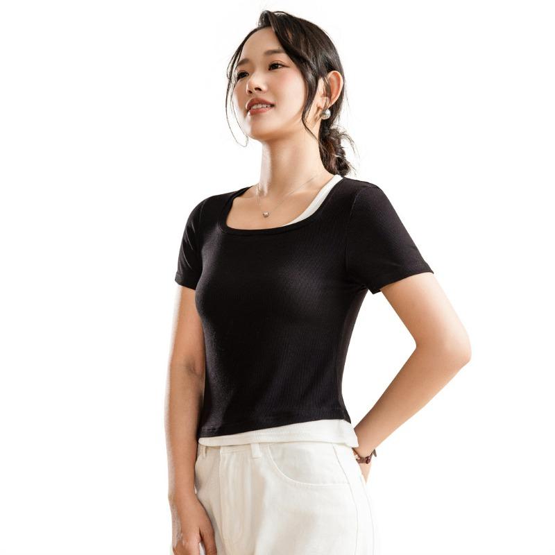 Trendy Womens Basic T-Shirts Round Necked Short Sleeve Summer Tops Slim Fit Tees Y2k Clothing Patchwork Classic-Fit Ribbed Knit Going Out Crop Tops