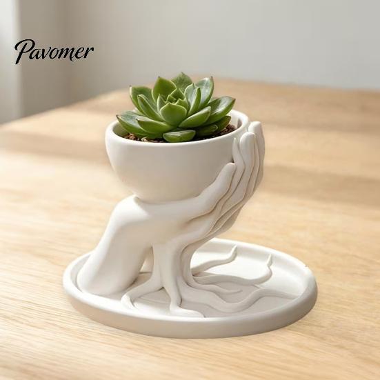 Natural Literary Style Tabletop Decor 3D Printed Palm Shaped Succulent Planter with Drainage Tray, Holding Decorative Root Texture Mini Flower