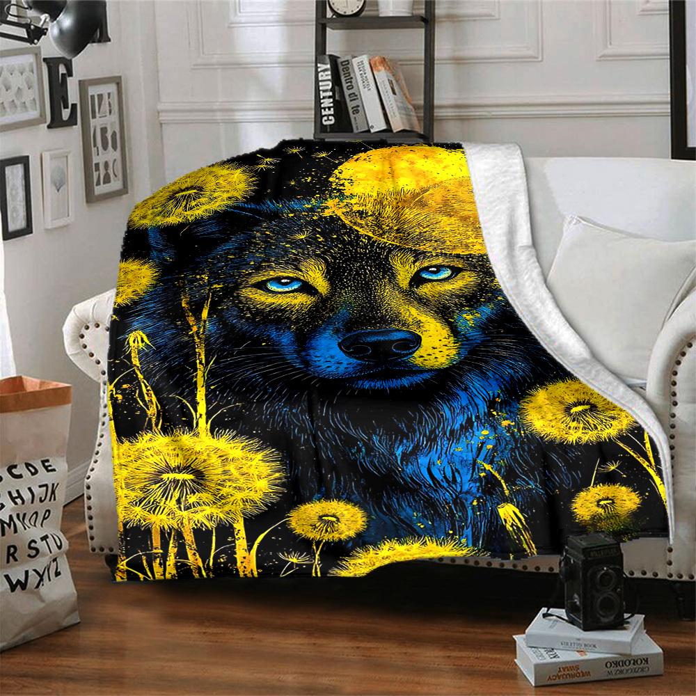 1pc Wolf Dandelion Night Blanket Lightweight Flannel Blanket Throw Blanket For Sofa, Bed, Travel, Camping, Livingroom, Couch, Chair, And Bed Yy2509026