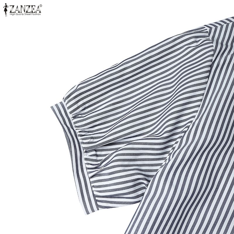 ZANZEA Women Casual Turn Down Collar Summer Short Sleeve Stripe Shirt Dress