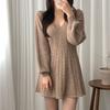 ZYOOFOV Knit Mini Long Ribbed Solid Cable Cut and Sew Korean Mori Winter Women's Dress, Length, Sleeve, V-Neck, A-Line, Knit, Color, Knit, Thick,