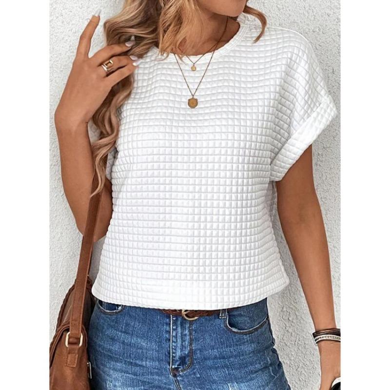 IHUASU Women's Fashion Casual Solid Color Print O-Neck Short Sleeve Blouses & Shirts