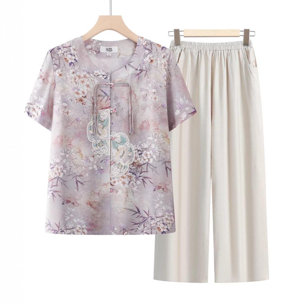Chinese Style Summer Suit: Short-Sleeved Shirt & Cardigan Set for Middle-Aged and Elderly Women