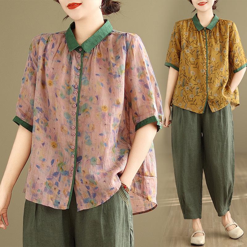 2025 Κορεάτικου Στυλ Μεγάλο Μέγεθος Αδυνατιστικό Ρετρό Δύο Τεμαχίων Βαμβακερό Λινό Καλοκαιρινό Κοστούμι για Γυναίκες