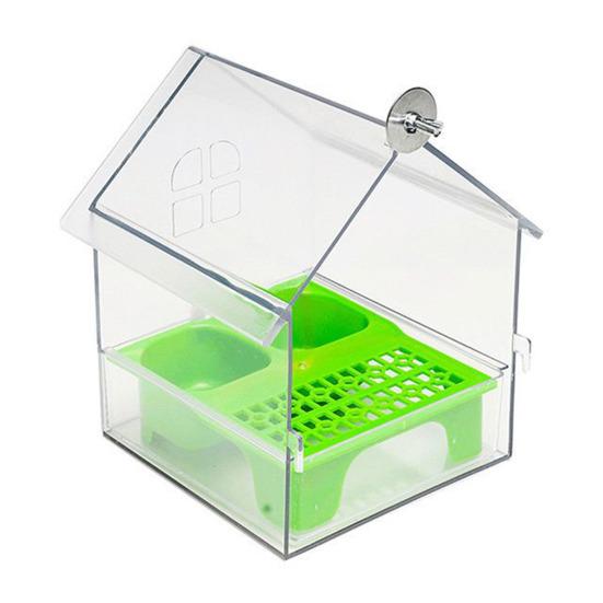 Pull-Out External Parrot Feeder Window Mounted Birds House with Two Food Slots Transparent Parrot House with Water Catcher Tray