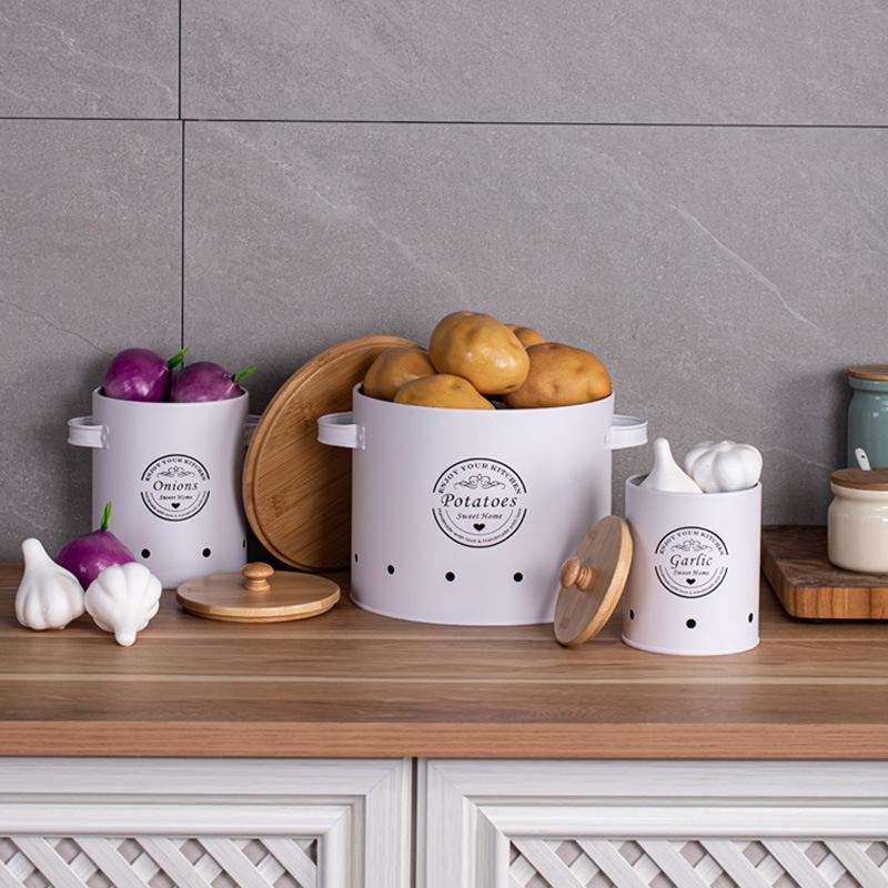 Bambusový kryt úložná nádrž Brambora prodyšná domácí freshness box Kuchyňská kovová úložná nádoba na brambory, cibuli, česnek