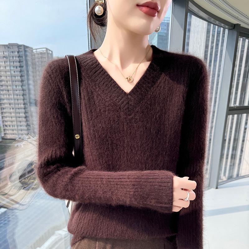 Autumn Winter Women's Thickened Mink Velvet V-Neck Sweater - Loose, Versatile Knit Base Layer Pullover