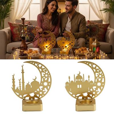 Moon Temple Ramadan Candlestick Eid Al-Fitr Luxury Style Eid Mubarak Candle Holder Gold Iron Metal Incense Burner