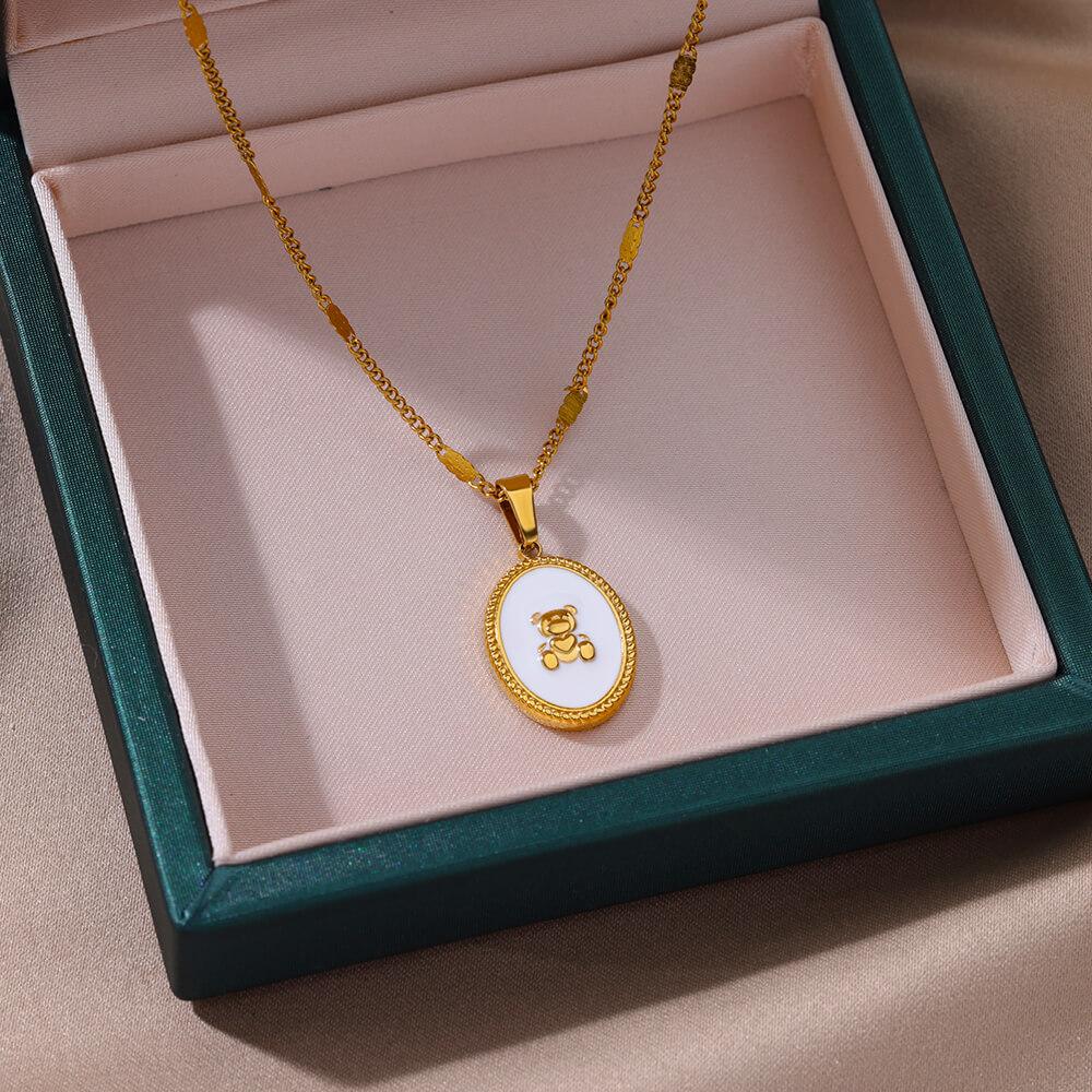 Tiny Bear White Oval Pendant Necklaces Stainless Steel Necklace For Women Aesthetic Waterproof Jewelry Accessories Gift