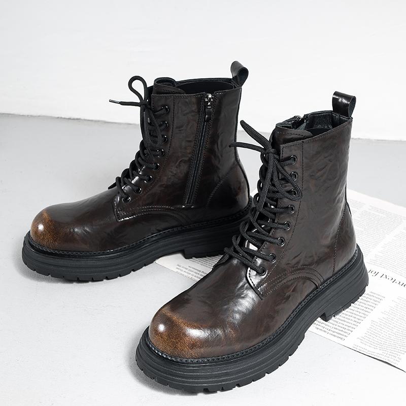 Fashion Thick Bottom Man High Top Boots Vintage Soft Men's Leather Mid-Calf Shoes Fashion Outdoor Sneakers Lace Up Non-Slip Ankle Boots