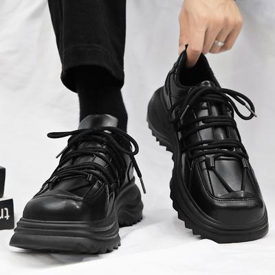 Men's Shoes With Waterproof Leather Surface High-end Sports Feel Casual Youth Running Height Increasing Black Square Toe Dad Trendy