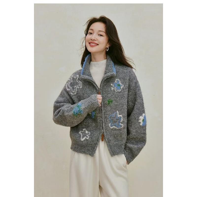 Loose Thick Zip Up Knit Cardigan Casual Long Sleeve Outerwear