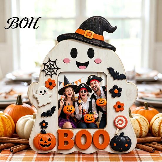 Festive Home Accents Halloween Wooden Photo Frame, Cute Ghost Pumpkin Picture Childlike Ornament Rustic Holder for Holiday Table Centerpiece