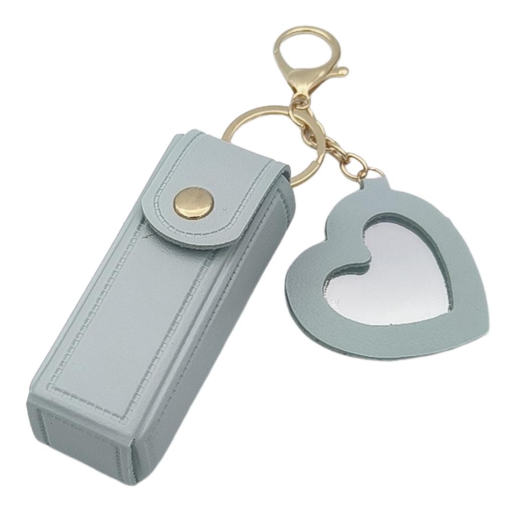 Portable PU Leather Lipstick Holder Keychain With Heart-Shaped Mirror For Women Girls Handbag Charms Accessory Creative Gift