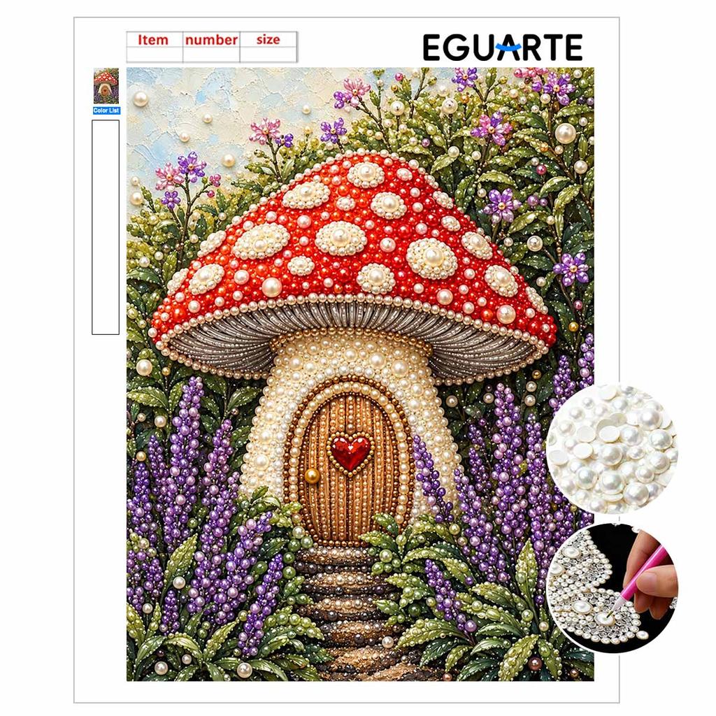 Mushroom House Pearl Art Kit with Frame 3D Sparkling Bead Canvas Relaxing Craft for Cozy Room Wall Decor and Creative DIY Art Projects