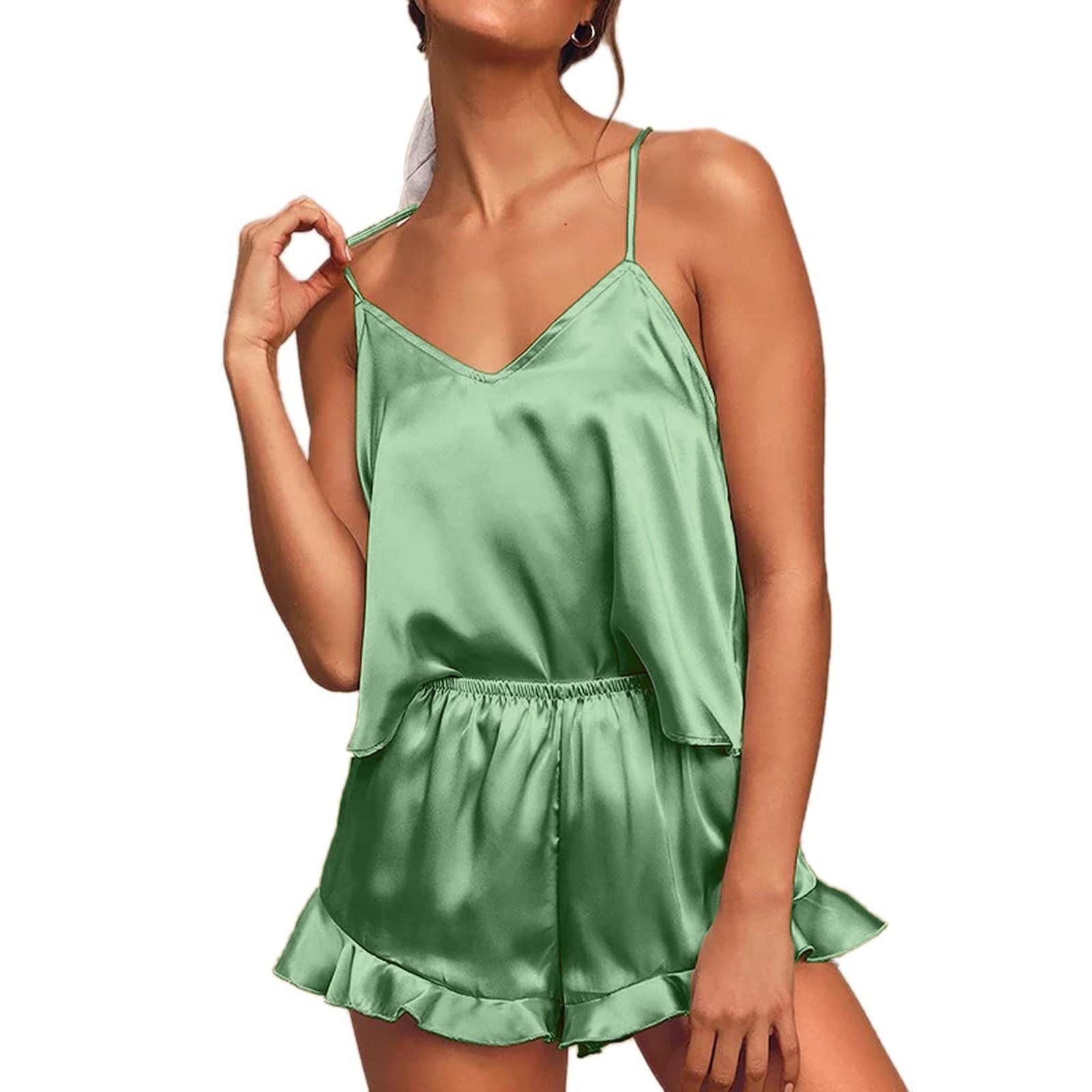 

(SU)Женская мода, сексуальные однотонные атласные пижамы на подтяжках из двух частей, одежда для сна XXL мятный зеленый