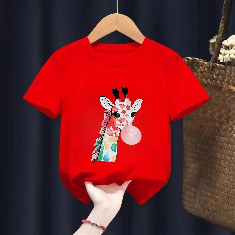 Y2k Giraffe with Gum Printed Short Sleeve T Shirts Animal Kids Childrens Tshirt Boys Girls Summer Spring Casual Top Tee Shirt