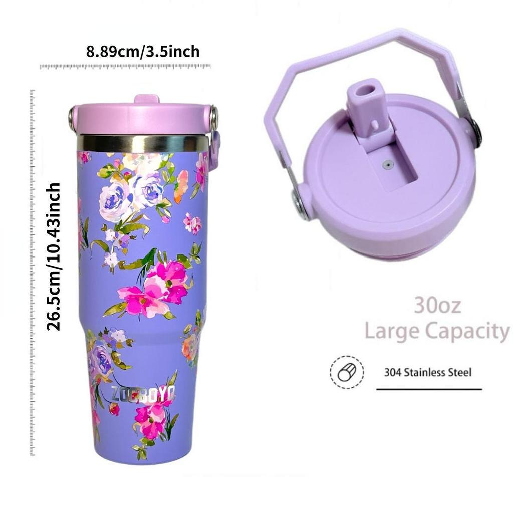Flower-Shaped Outdoor Portable Insulated Cup, Double-Layer Vacuum Car Cup, Large Capacity with Straw, Portable Ice Cream Cup