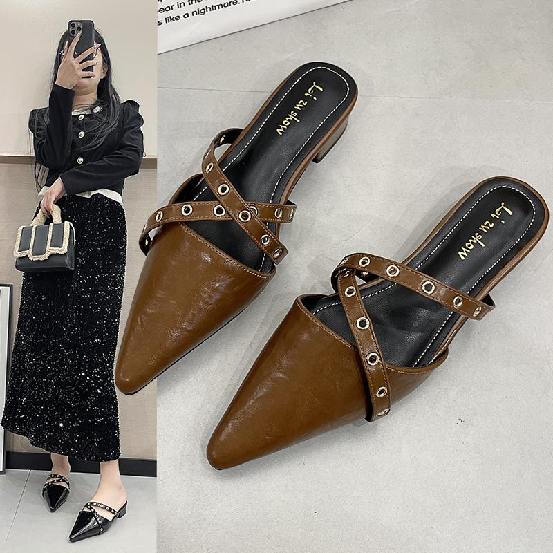 2026 New Sexy Pointed Toe High Quality Trendy Belt Buckle Design Women's Slippers Fashion Baotou Party Mules