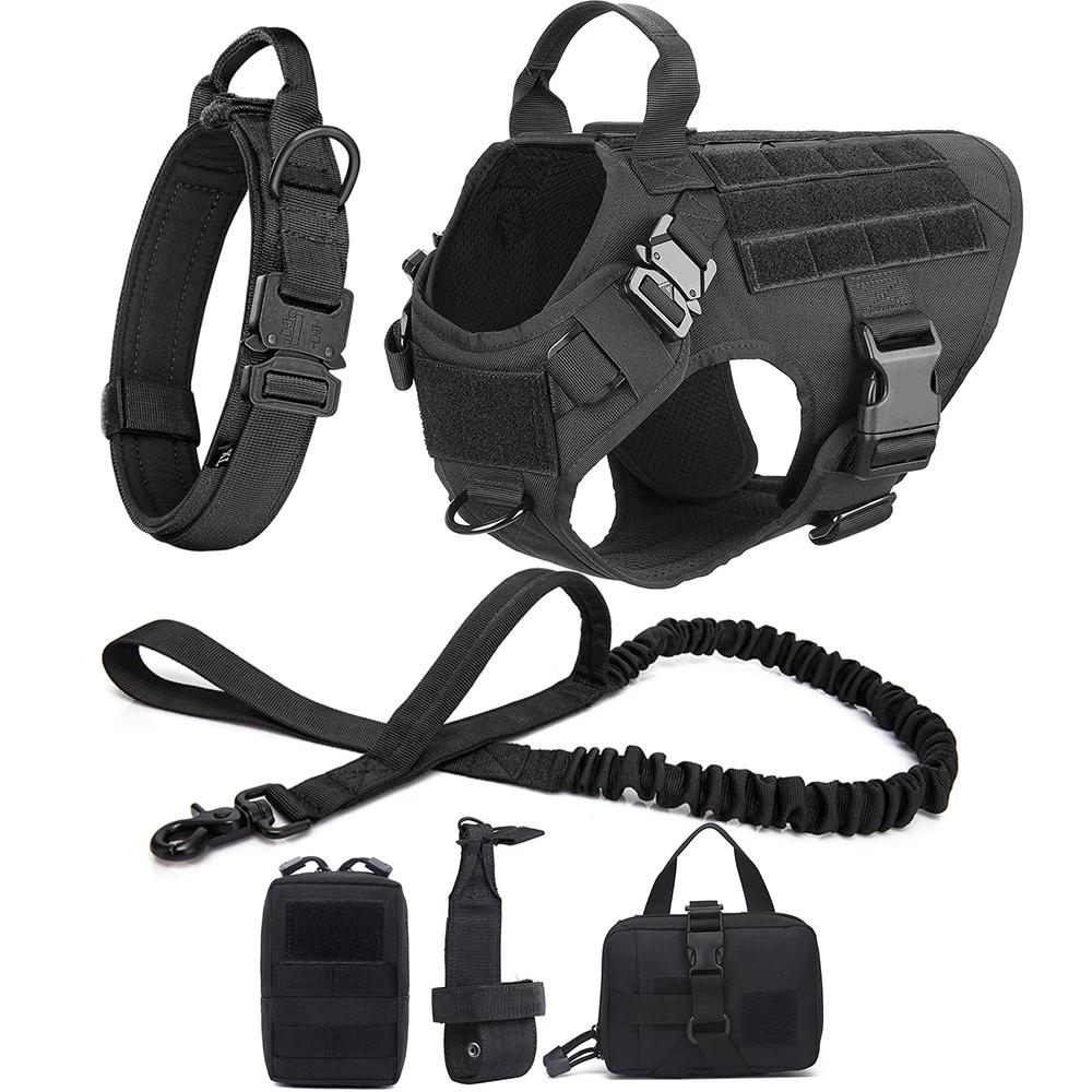 Tactical Dog Harness Collar Leash Set Dog Vest with Molle System & Handle Adjustable for Medium Large Dogs Outdoor Training