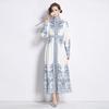 Spring Autumn Women Vintage Print Runway Dresses Single Breasted Long Maxi Party Belt Dress for Graduation
