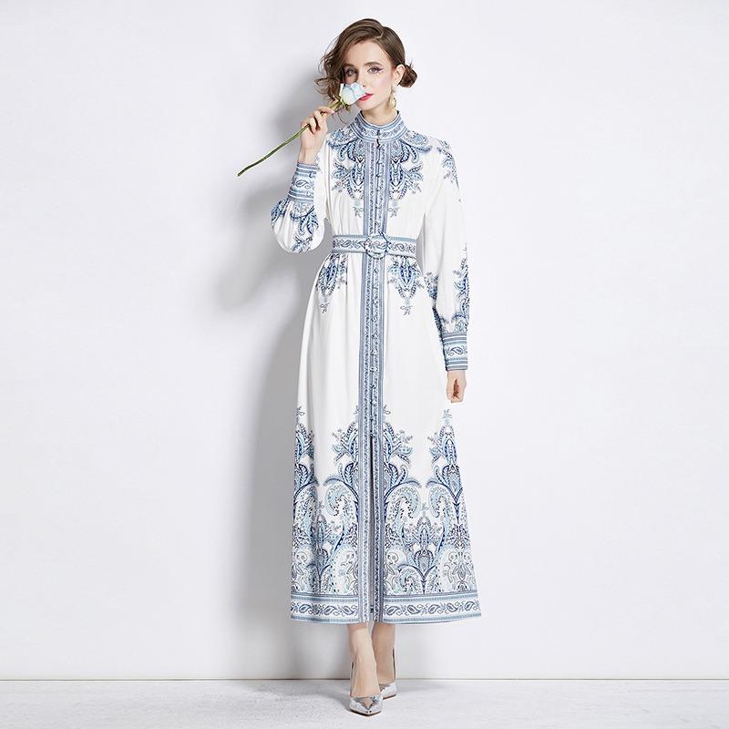 Spring Autumn Women Vintage Print Runway Dresses Single Breasted Long Maxi Party Belt Dress for Graduation