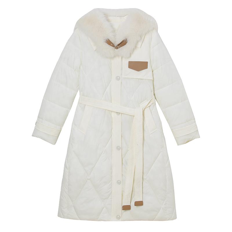 Elegantní a zeštíhlující dlouhý péřový kabát s velkým kožešinovým límcem pro dámskou zimní módu