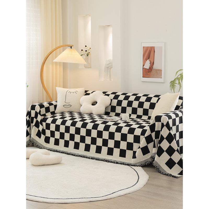

Черно-белая клетчатая диванная подушка из синели, чехол для дивана на четыре сезона, универсальная простая черная подушка, чехол для полотенец на спинку, тканевый чехол 180*130cm