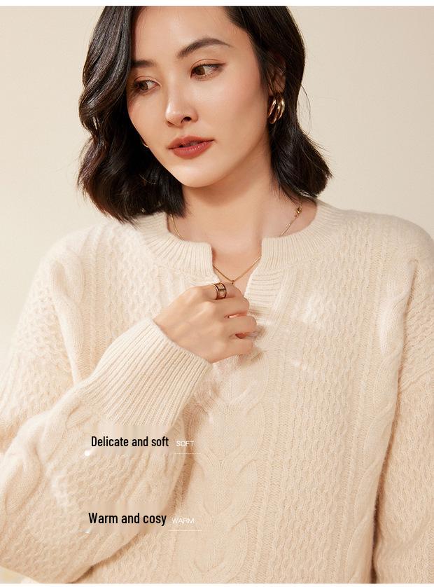Women's 2024 Autumn/Winter Pure Wool Cable Knit Loose Pullover Sweater with Round Neck