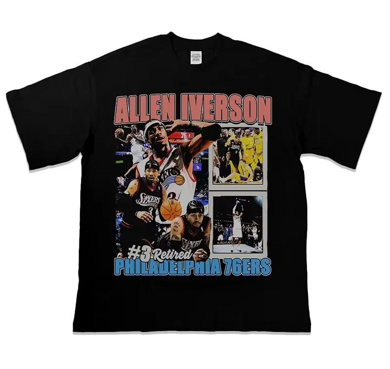 Summer Basketball Star Allen Iverson American Short Sleeves Tshirt Round Neck Loose Cotton Basketball Short Sleeve Streetwear