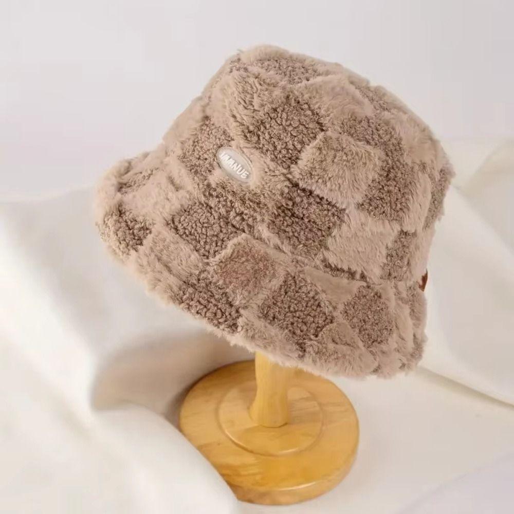 Plaid Checkered Winter Fisherman Hat Faux Fur Checkered Basin Hat Plush Basin Cap  Autumn Winter