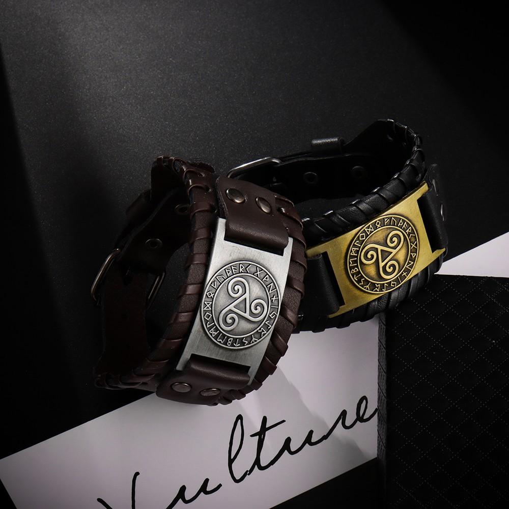 New Retro Wide Leather Nordic Rune of Odi Bracelet for Men Celtic Viking Solomon Pattern Party Gifts Accessories