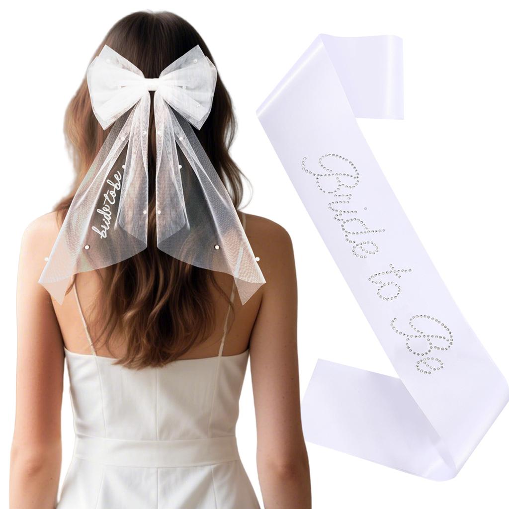 2026 Fashion Bridal Bow Embroidery Hairpin Pearl Hot Silver Shoulder Strap Bachelor Party Super Fairy Mesh Set