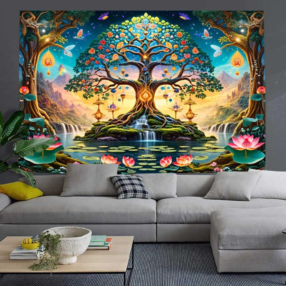 Fantasy Forest Tree Tapestry Green Nature Tree Of Life Tapestry For Bedroom Aesthetic Waterfall Lotus Flower Natural Landscape