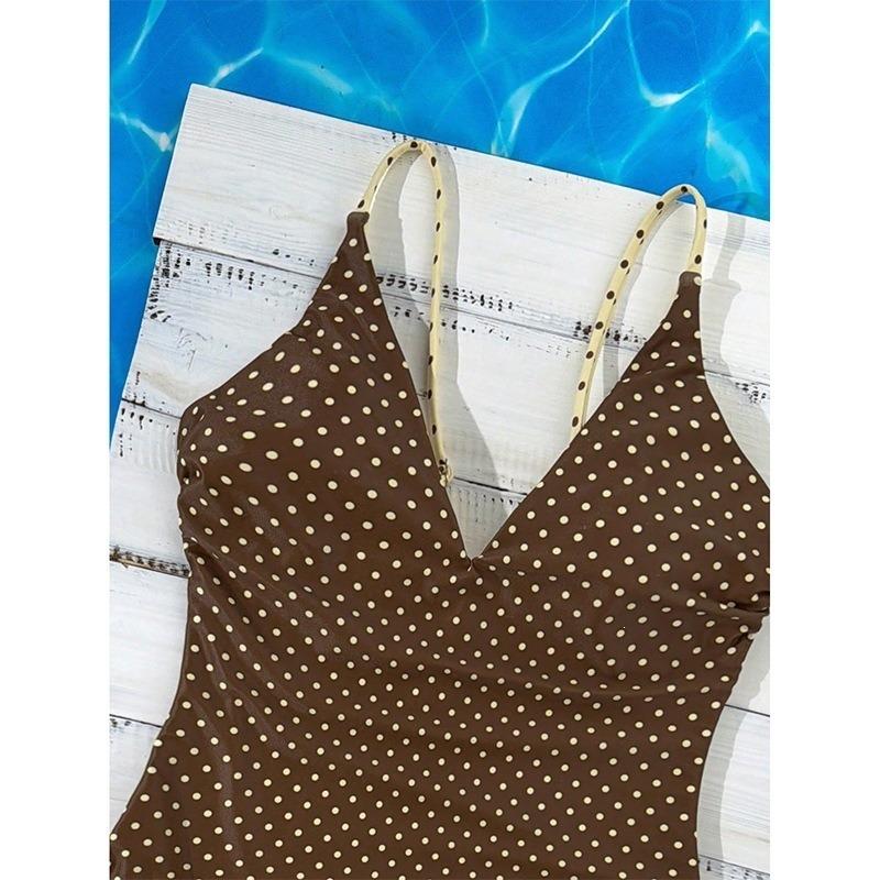 Women Polka Dot One Piece Swimsuit Sexy Deep V Neck Bathing Suit For Beach Pool