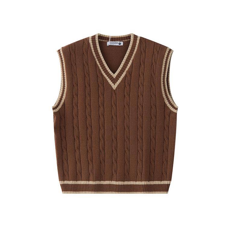 Unisex Retro Japanese Color Block V-neck Knit Vest, Basic Loose Sleeveless Sweater, Versatile Niche Style